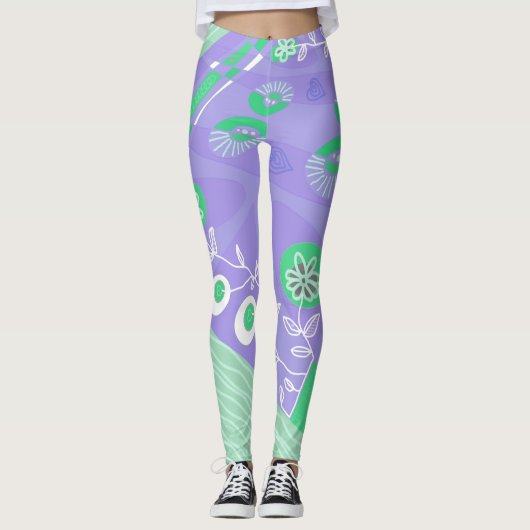 Bohemian Chintz Illustratie Lavendel Groen Wit Leggings (Voorkant)