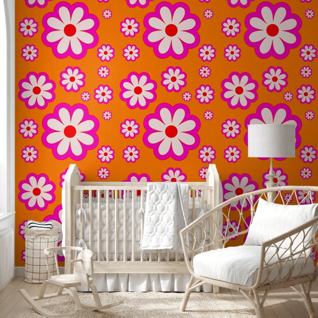 Bohemian Daisy Pattern Roze & Sinaasappel Retro Bl Behang (Kinderen)