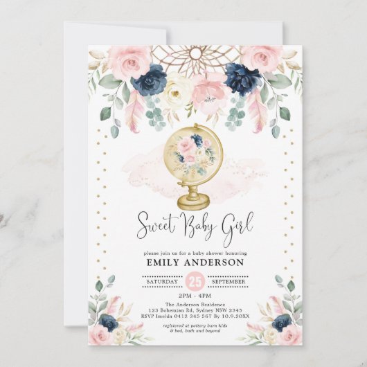 Bohemian Dreamweaver Navy Blush Gold Baby shower Kaart (Voorkant)