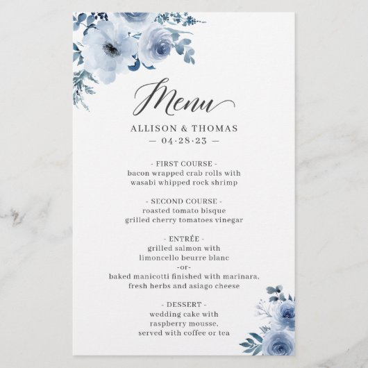 Bohemian Dusty Blue Floral Wedding Menu (Voorkant)