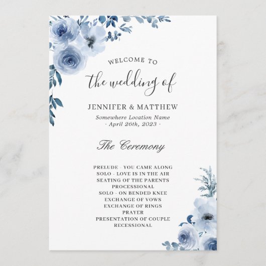 Bohemian Dusty Blue Pastel Floral Wedding Programma (Voorkant)