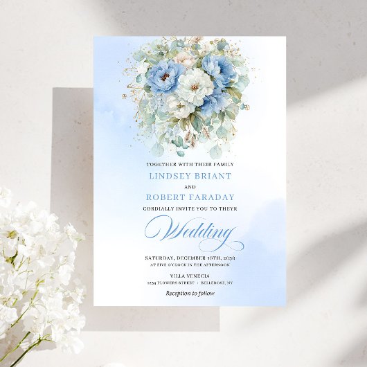 Bohemian Dusty Blue White Peony Wedding Invitation