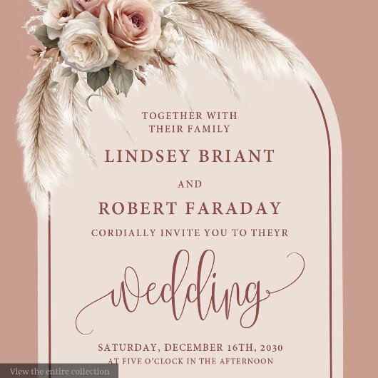 Bohemian Dusty Pink Pampas Arch Wedding Invitation Kaart
