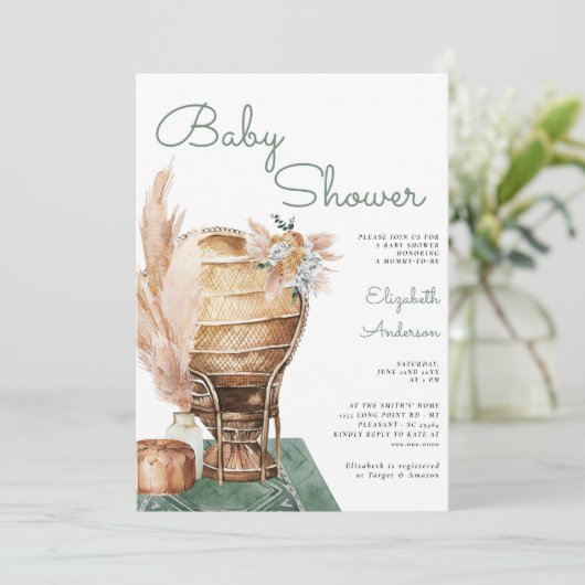 Bohemian Eucalyptus Green Pampas Boho Baby shower Kaart (Staand voorkant)
