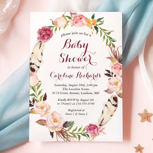 Bohemian Feather Boho Floral Wreate Baby shower Kaart