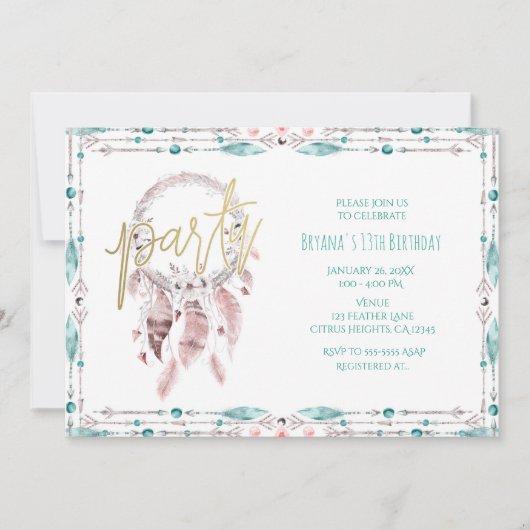 Bohemian Feather Dream Catcher Blauwgroen Verjaard Kaart (Voorkant)