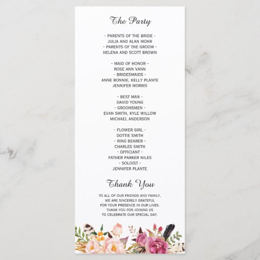 Bohemian Feather Floral Boho Wedding Programme Programma (Achterkant)