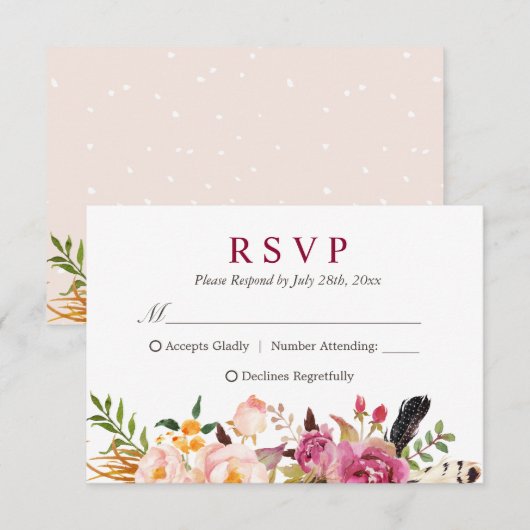 Bohemian Feather Rustic Floral Boho RSVP Kaartje (Voorkant / Achterkant)