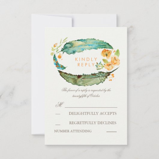 Bohemian Feathers Blauwgroen Bruiloft RSVP Kaarten (Voorkant)