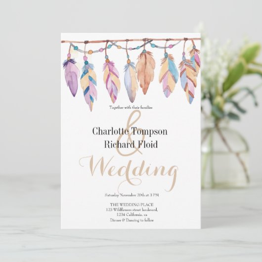 Bohemian Feathers Bruiloft Kaart (Staand voorkant)
