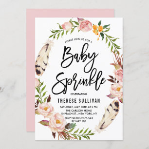 Bohemian Feathers Floral Wreath Pink Baby Sprinkle Kaart