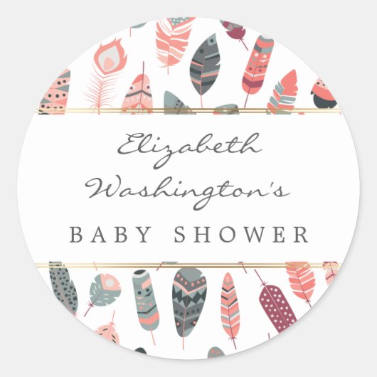 Bohemian Feathers Pattern Baby shower Ronde Sticker (Voorkant)