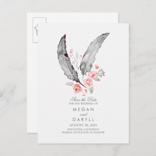 Bohemian Feathers Rustic Save the Date Aankondigingskaart (Voorkant / Achterkant)