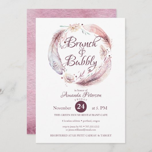 Bohemian Feathers Wreath Brunch Bubble Invitation Kaart (Voorkant / Achterkant)