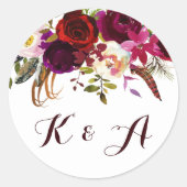 Bohemian Floral Autumn Wedding Monogram Ronde Sticker (Voorkant)