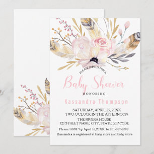 Bohemian Floral & Feathers Baby shower Invitation Kaart