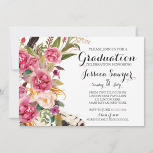 Bohemian Floral Graduation party Invitation Kaart