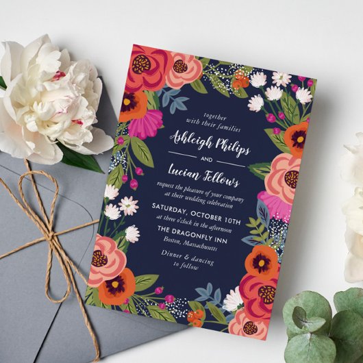 Bohemian Floral Lijst - Navy Blue Wedding Kaart
