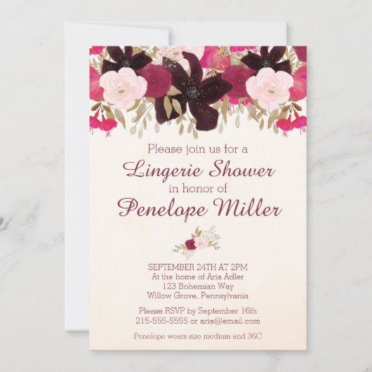 Bohemian Floral Lingerie Shower Invitation Kaart (Voorkant)
