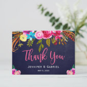 Bohemian Floral Pink Navy Script Weddenschap Dank Bedankkaart (Staand voorkant)