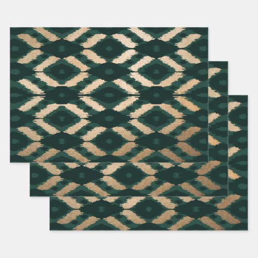 Bohemian Gold Forest Green Ikat Pattern Inpakpapier Vel (Set)