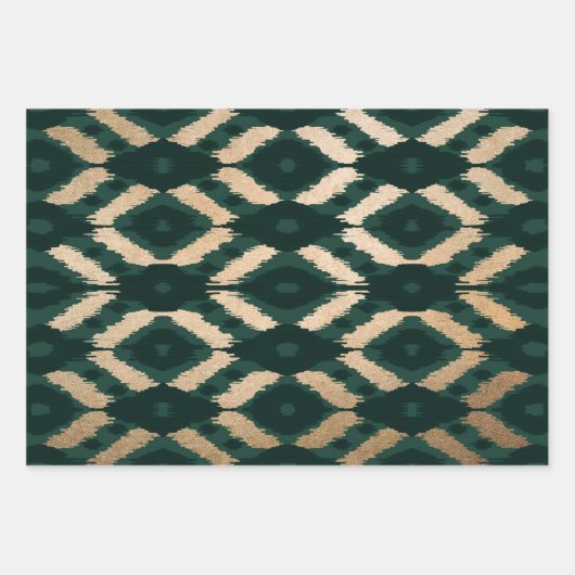 Bohemian Gold Forest Green Ikat Pattern Inpakpapier Vel (Voorkant)
