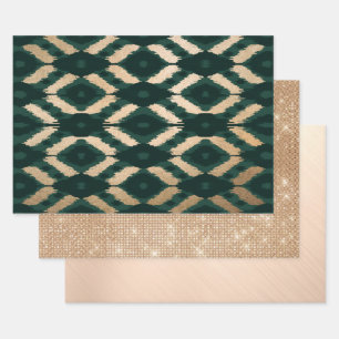 Bohemian Gold Forest Green Ikat Pattern Inpakpapier Vel
