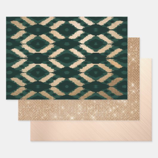 Bohemian Gold Forest Green Ikat Pattern Inpakpapier Vel (Set)