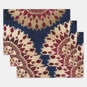 Bohemian Gold Navy Burgundy Hand Drawn Mandala Inpakpapier Vel