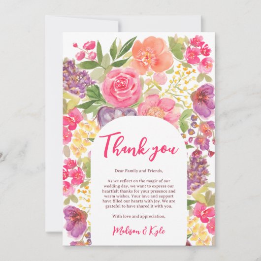 Bohemian heldere bloemenboog script chique bruilof bedankkaart (Voorkant)