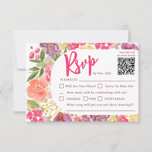 Bohemian heldere bloemenboog script chique bruilof RSVP kaartje (Voorkant)