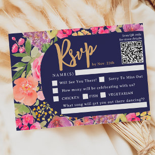 Bohemian heldere bloemenboog script marine bruilof RSVP kaartje