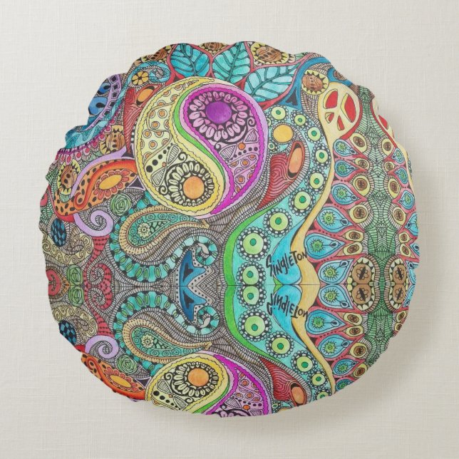 Bohemian Hippy Round Cushion met Mandala Design Rond Kussen (Voorkant)