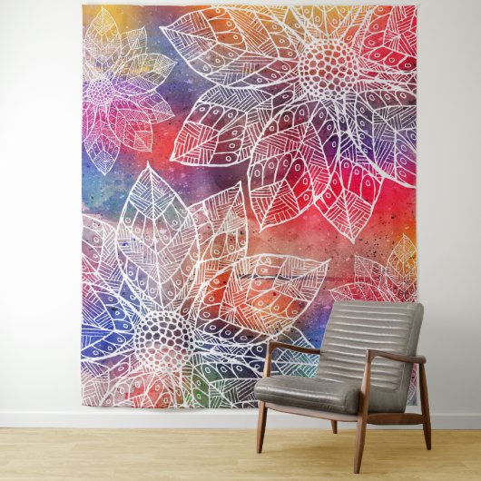 Bohemian Mandala Flowers Waterverf Wandkleed (In situ)