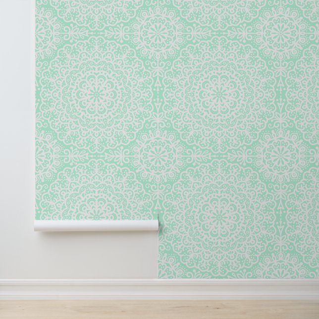 Bohemian Mandala White Lace op lichtgroen Behang (Applicatie)
