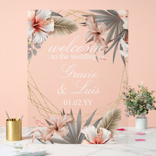 Bohemian Monstera Botanische Bloemen Gouden Bruilo Acryl Bord (Huwelijk)