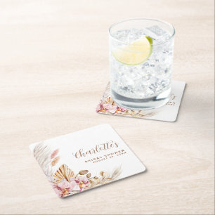 Bohemian Pampas Grass Blush Roze   VRIJGEZELLENFEE Vierkante Kartonnen Onderzetter