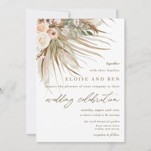 Bohemian Pampas Grass Earthy Tones Floral Wedding Kaart (Voorkant)