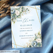 Bohemian Pastel Blue White Gold Peonies Save Date Kaart