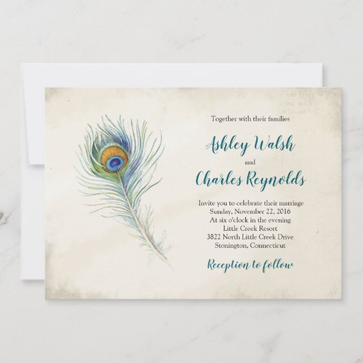 Bohemian Peacock Feather Blauwgroen bruiloft Kaart (Voorkant)