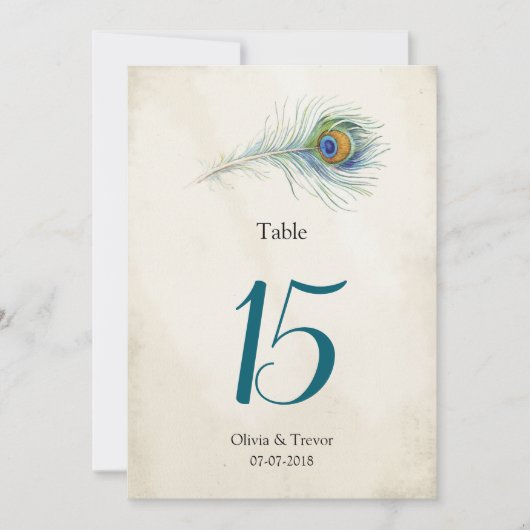 Bohemian Peacock Feather Bruiloft Tafelnummers (Voorkant)