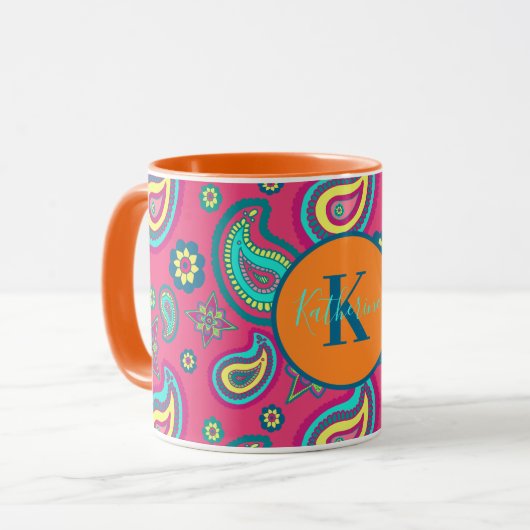 Bohemian Pink Paisley Pattern Custom Name Monogram Mok (Voorkant links)