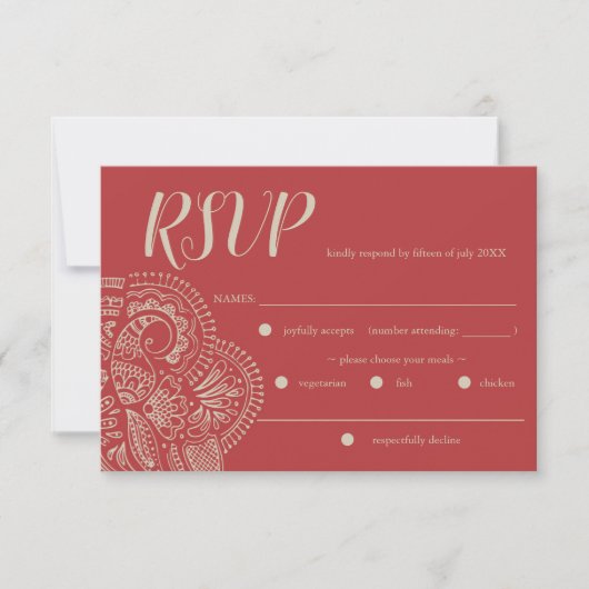 Bohemian Red Rustic Wedding RSVP Response Kaart (Voorkant)