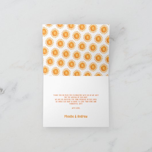 Bohemian Retro Baby shower Sunshine Custom Message Bedankkaart (Binnen)