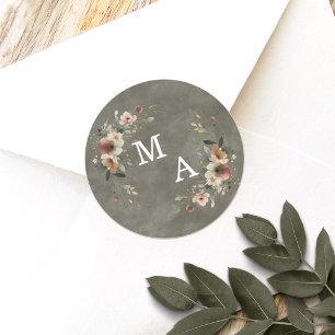 Bohemian Sage Groene Bloemen Krans Bruiloft Monogr Ronde Sticker