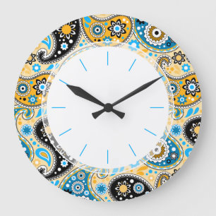 Bohemian Seventies Retro Blue en Gold Paisley Grote Klok