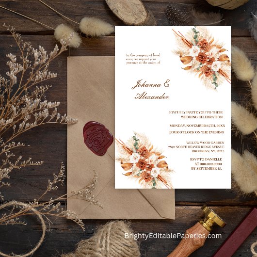 Bohemian Terracotta Floral Elopement Pampas Grass Kaart