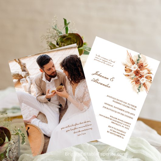 Bohemian Terracotta Floral Elopement Pampas Grass Kaart