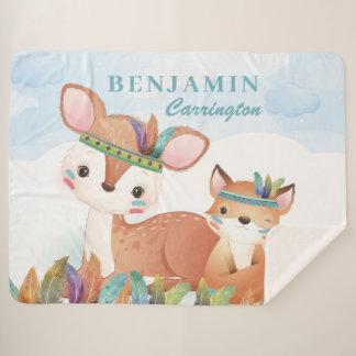 Bohemian Tribal Fox en Fawn with Feathers + Name Sherpa Deken