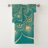 Bohemian turquoise perzik mandala badhanddoek set bad handdoek (Insitu)